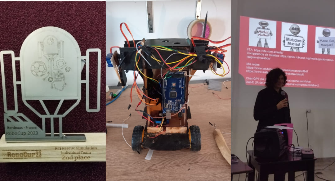 A robot, a trophy and Alejandro giving a talk